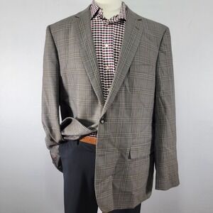 Joseph Feiss Mens Sport Coat Blazer Two Button Brown Plaid Poly Wool 48L Classic